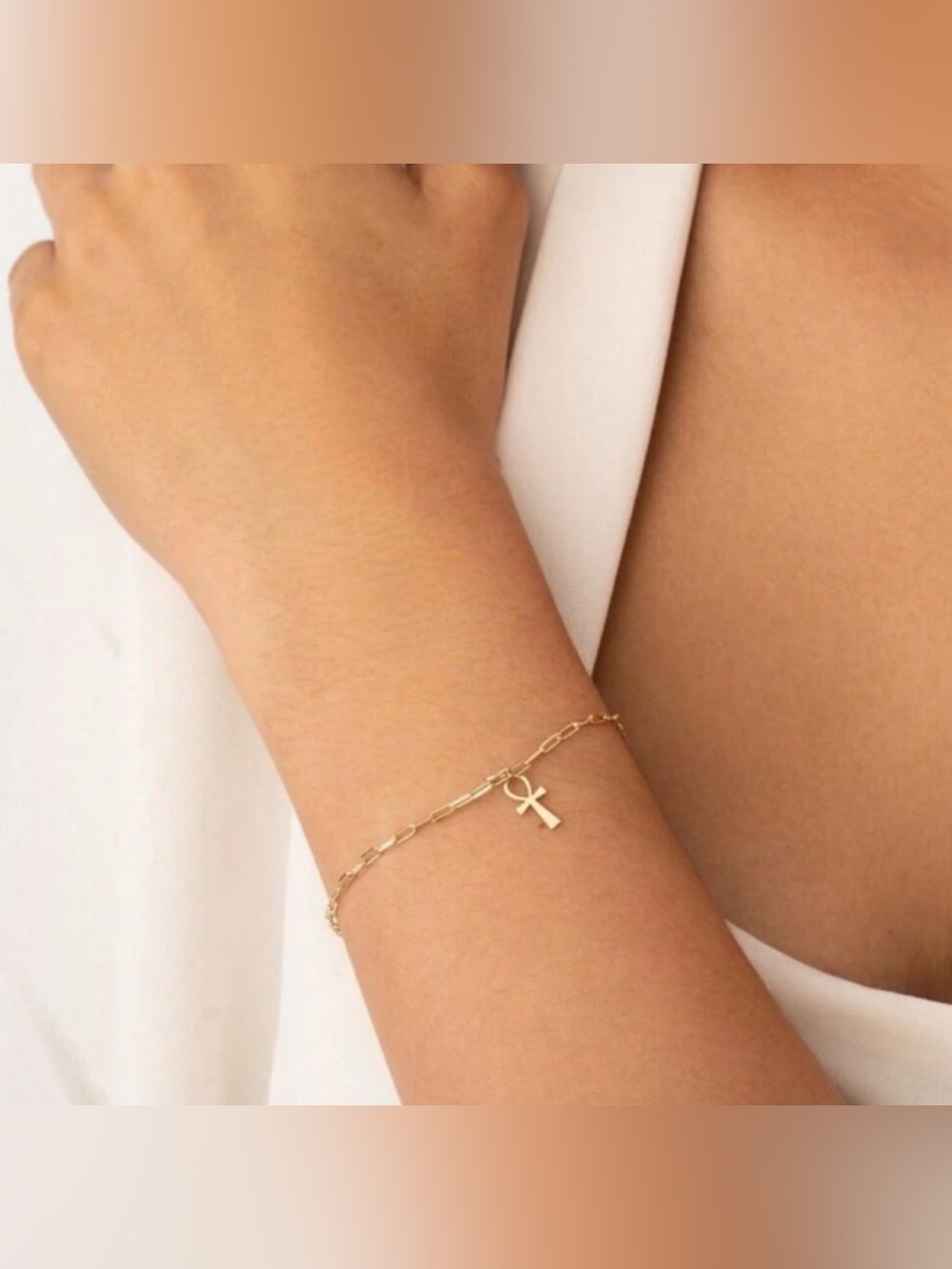 Gold Plated Stainless Steel Ankh Paperclip Bracelet